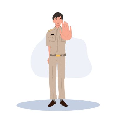 Tayland devlet memurları üniformalı. Taylandlı öğretmen hayır işareti olarak çapraz el hareketi yapıyor, yasak, dur, yapma, Düz Vektör illüstrasyonu