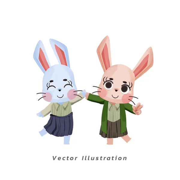 水彩画のベクトル図親友ウサギウサギ かわいいかわいい動物の水彩画 うさぎ漫画 — ストックベクタ