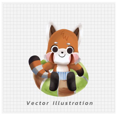 Yaz tatili teması. Renkli yüzüklü, mayo giymiş şirin kırmızı panda. suluboya vektör karikatür çizimi