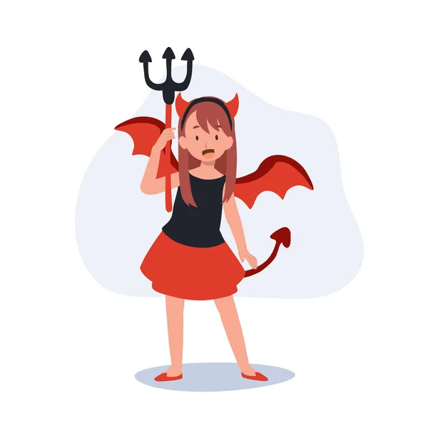 Kleines Süßes Mädchen Bunten Halloween Kostümen Als Roter Teufel Happy — Stockvektor