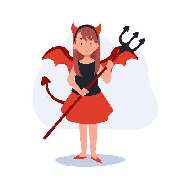 Kleines Süßes Mädchen Bunten Halloween Kostümen Als Roter Teufel Happy — Stockvektor