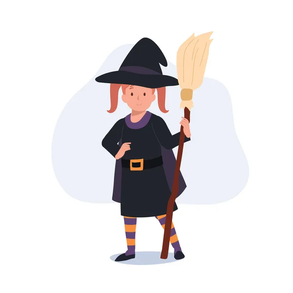 Cadılar Bayramı Kostümü Içinde Cadı Kılığındaki Küçük Tatlı Kız Cadılar — Stok Vektör