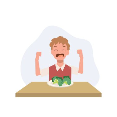 Tatlı çocuk, çocuk sebze ve brokoli yemek istemiyor. Çocuklar sebzelerden nefret eder. Düz vektör karikatür çizimi