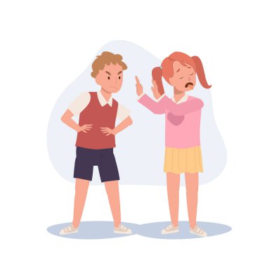Kız oğlanı taciz ediyor, zorbalık yapıyor, ırkçılık yapıyor. Okulda şiddet var. Düz vektör karikatür çizimi