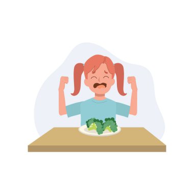 Tatlı genç kız, çocuk sebze ve brokoli yemek istemiyor. Çocuklar sebzelerden nefret eder. Düz vektör karikatür çizimi