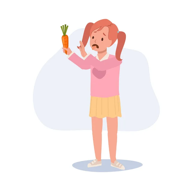 Nettes Junges Mädchen Kind Kein Gemüse Essen Möhre Kinder Hassen — Stockvektor