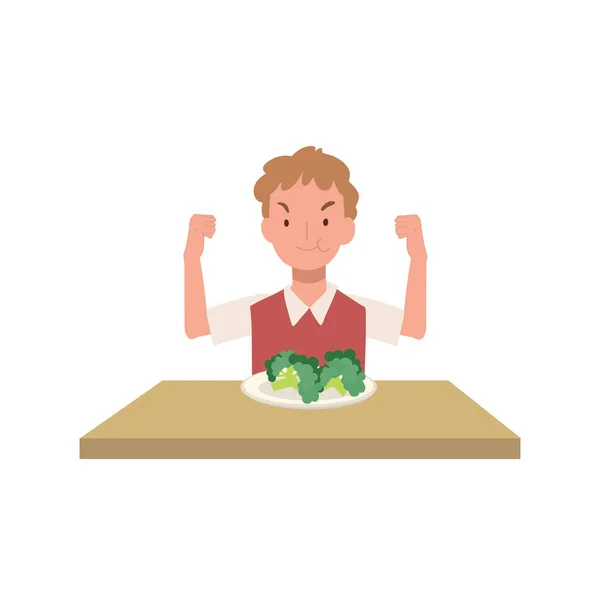 Υγιής Παλλακίδα Ένα Νεαρό Χαρούμενο Αγόρι Που Έτρωγε Λαχανικά Και — Διανυσματικό Αρχείο