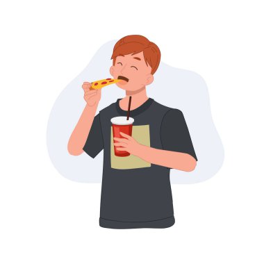 Pizza yiyen ve elinde bir bardak meşrubat tutan mutlu genç adam. Fast food, abur cubur. Düz vektör karikatür çizimi