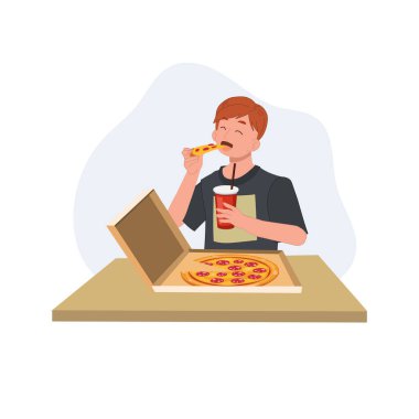 Kutudan pizza yiyen ve elinde bir bardak meşrubat tutan mutlu genç adam. Fast food, abur cubur. Düz vektör karikatür çizimi