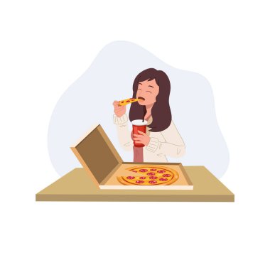 Kutudan pizza yiyen ve elinde bir bardak meşrubat tutan mutlu genç bir kadın. Fast food, abur cubur. Düz vektör karikatür çizimi