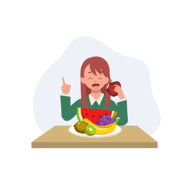 Şirin küçük kız sağlıklı yiyecekler yemeleri ve masada kırmızı elma yemeleri için tavsiye veriyor. Düz vektör illüstrasyonu