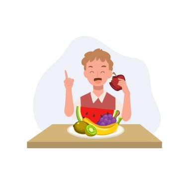 Şirin küçük çocuk sağlıklı yiyecekler yemeleri ve masada kırmızı elma yemeleri için tavsiye veriyor. Düz vektör illüstrasyonu
