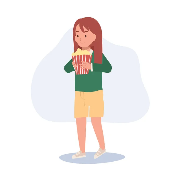 Happy Little Cute Girl Bucket Popcorn Walking Cinema Flat Vector — Stock Vector
