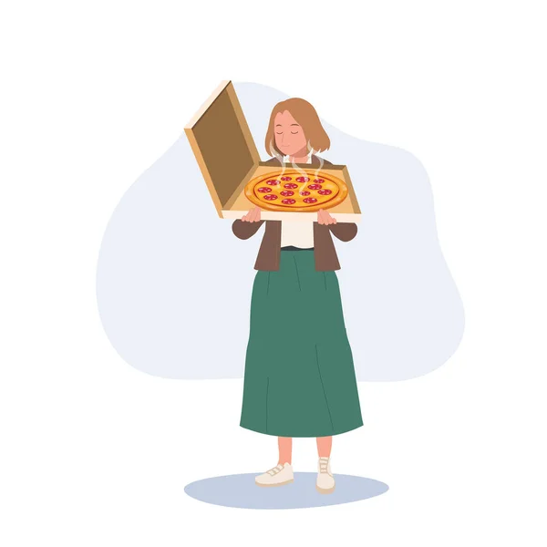 Mahlzeitenkonzept Glückliche Frau Riecht Leckere Pizza Karton Italienische Küche Speisekarte — Stockvektor