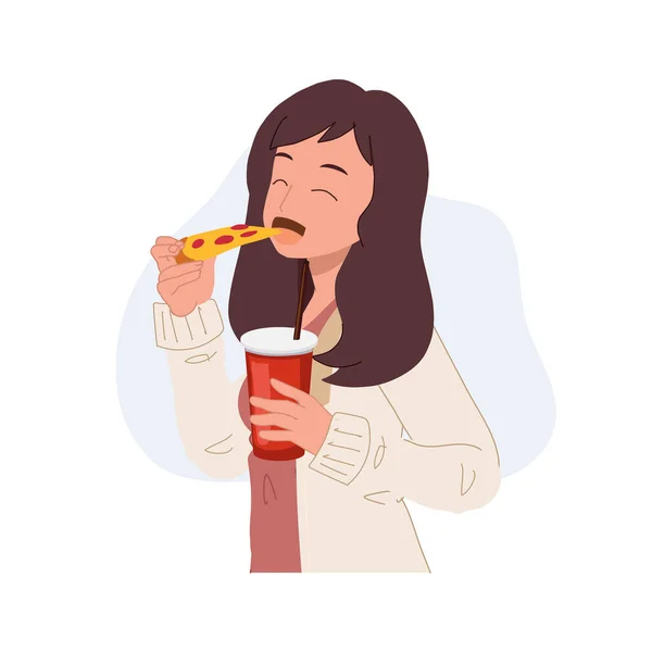 Happy Young Woman Eating Pizza Holding Glass Soft Drink Other — Stock Vector