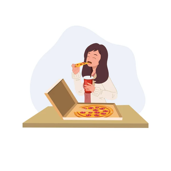 Szczęśliwa Młoda Kobieta Jedząc Pizzę Pudełka Trzymając Szklankę Napoju Bezalkoholowego — Wektor stockowy