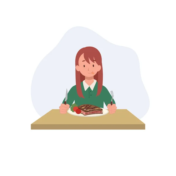 Mladá Holčička Hovězí Steak Hladová Dívka Sedí Stolu Restaurace Jíst — Stockový vektor
