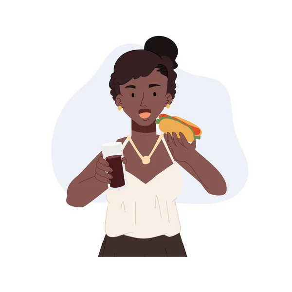 stock vector A happy african american woman eating hot dog. woman holding hot dog and a glass of soft drink in other hand. Flat vector cartoon illustration