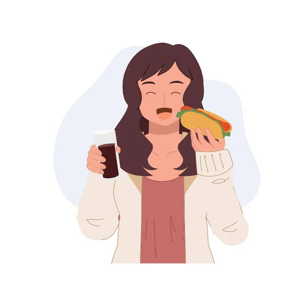 Happy Young Woman Eating Hot Dog Woman Holding Hot Dog — Stock Vector