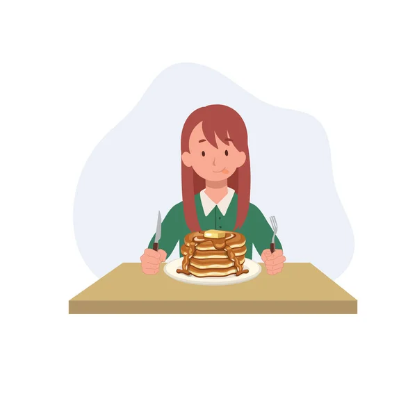 笑顔の若い女の子がおいしいパンケーキを持って準備ができて パンケーキを食べる 料理を食べる人 朝食と食事だ フラットベクトル漫画イラスト — ストックベクタ