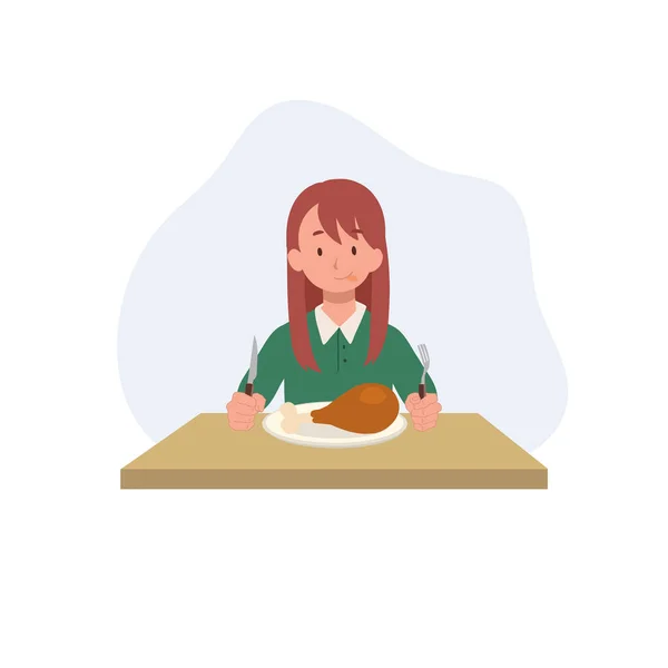 Glücklich Niedliches Kleines Mädchen Tisch Ist Bereit Frittiertes Hühnchen Drumstick — Stockvektor