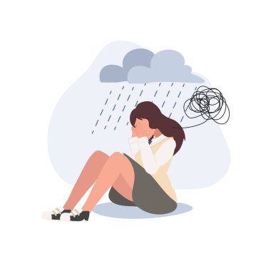 Üzgün, depresyondaki Asyalı liseli kız. Genç mutsuz kız oturuyor ve ağlıyor. Ergenlikte bunalımlı. Düz vektör karikatür çizimi