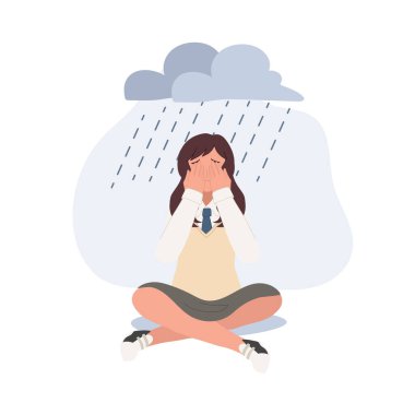 Üzgün, depresyondaki Asyalı liseli kız. Genç mutsuz kız oturuyor ve ağlıyor. Ergenlikte bunalımlı. Düz vektör karikatür çizimi