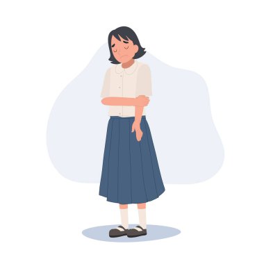 Üzgün yüzlü küçük bir okul kızı. Taylandlı ilkokul öğrencisi kız üzgün. Düz vektör karikatür çizimi