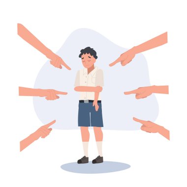 Zorbalık konseptinin kurbanı. Mutsuz Taylandlı öğrenci okulda zorbalık yaptığı için üzgün. Düz vektör karikatür çizimi
