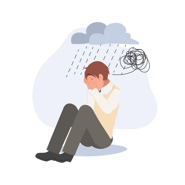 stock vector Sad lonely Asian high school boy in depression. Young unhappy boy sitting and cry. Depressed in teenager. Flat vector cartoon illustration