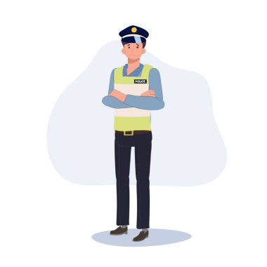 Üzücü bir trafik polisi kollarını kavuşturup düşünüyor. Düz vektör karikatür çizimi