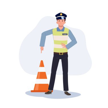 Trafik polisi trafik konisini işaret ediyor. Buraya park edemeyenlerin ve geçmeyenlerin altını çiziyor. Düz vektör karikatür çizimi