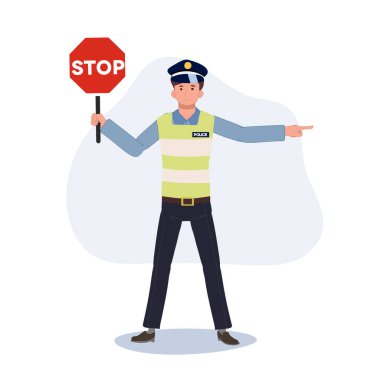 Trafik polisinin elinde dur işareti var ve diğer tarafa el işareti veriyor. Diğer tarafa dön, engelli yol. Düz vektör karikatür çizimi