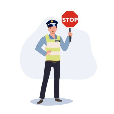 Trafik polisinin elinde dur işareti var. Düz vektör karikatür çizimi