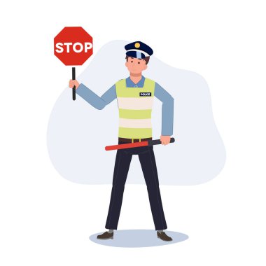 Trafik polisinin elinde dur levhası ve trafik copu var. Düz vektör karikatür çizimi
