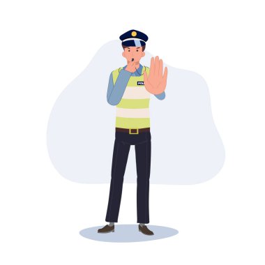 Trafik polisi düdük öttürüp el sallıyor. Düz vektör karikatür çizimi