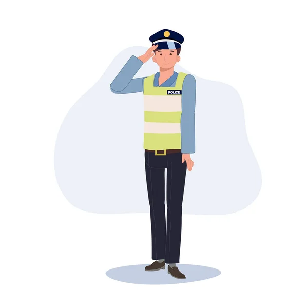 Una Policía Tránsito Está Saludando Ilustración Dibujos Animados Vector Plano — Vector de stock