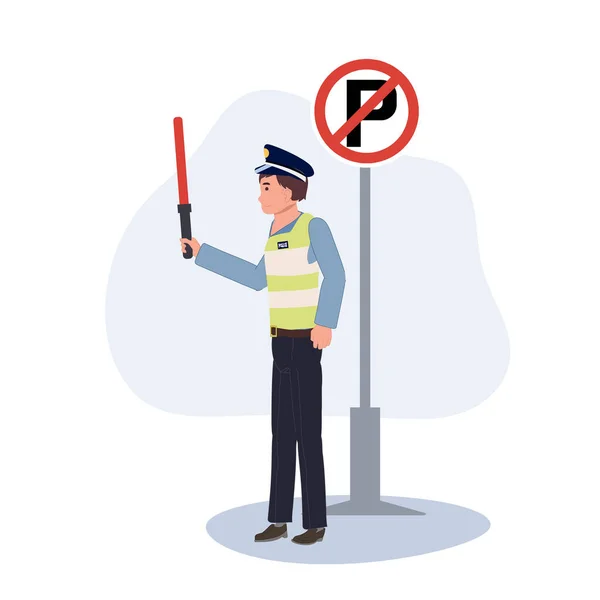 Traffic Police Light Baton Nearing Parking Sign Flat Vector Cartoon — Stock Vector