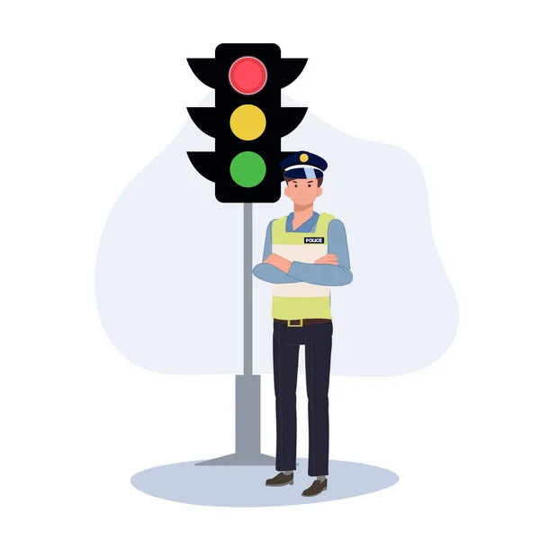 stock vector traffice control concept. A traffic police near traffic light. Flat vector cartoon illustration