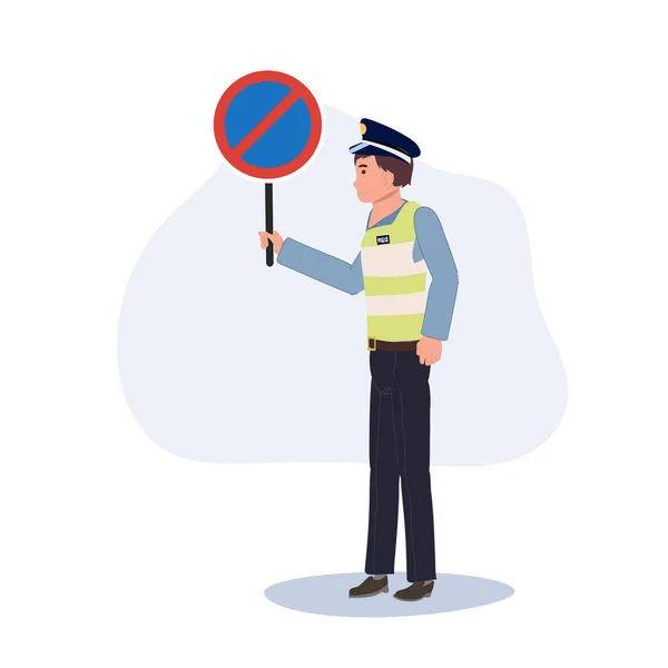 Eine Verkehrspolizei Mit Einem Kein Parkplatz Schild Flache Vektor Karikatur — Stockvektor