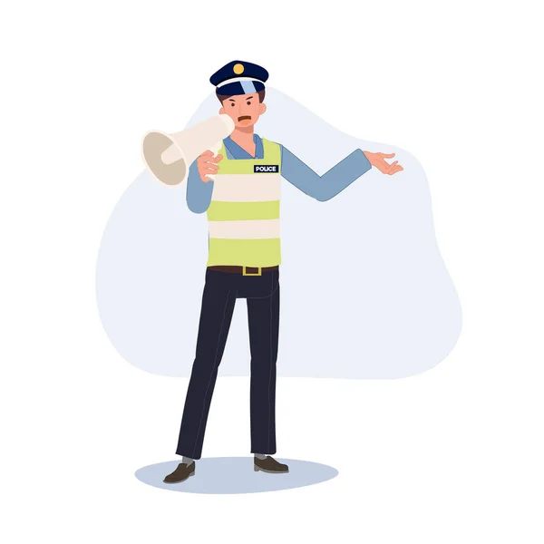 Traffic Police Using Megaphone Giving Suggestion Flat Vector Cartoon Illustration — Stock Vector