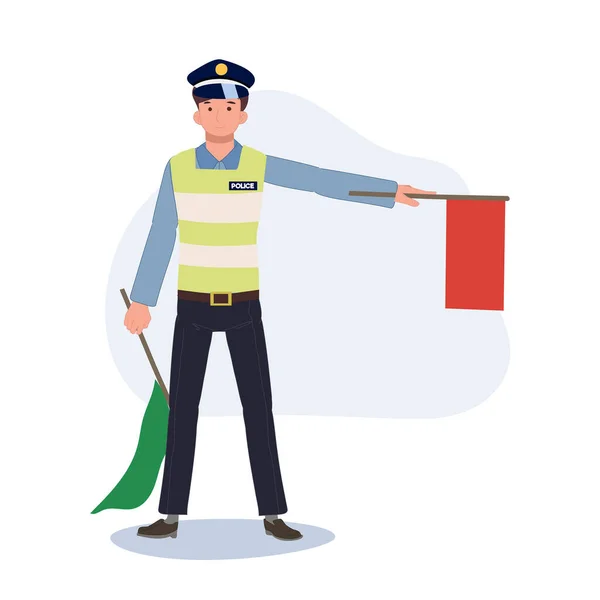 Traffic Police Holding Red Flag Sign Walk Flat Vector Cartoon — Stock Vector