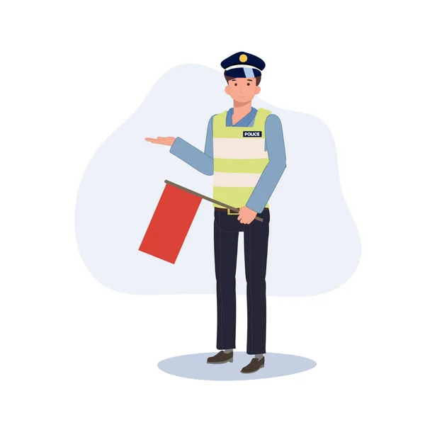 Een Verkeerspolitie Houdt Rode Vlag Vast Platte Vector Cartoon Illustratie — Stockvector