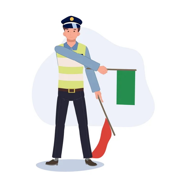 Eine Verkehrspolizei Hält Die Rote Fahne Hoch Gibt Grünes Licht — Stockvektor