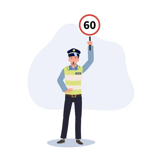 Speed Limit Concept Traffic Police Blowing Whistle Holding Speed Limit — Stock Vector