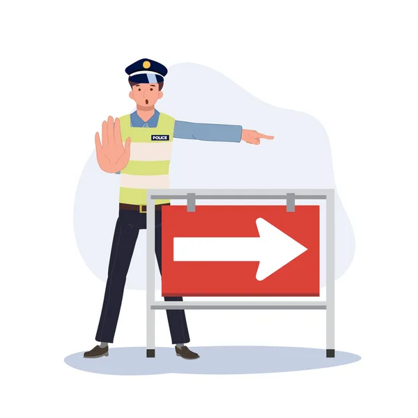Traffic Police Gesturing Stop Giving Sign Other Way Turn Another — Stock Vector