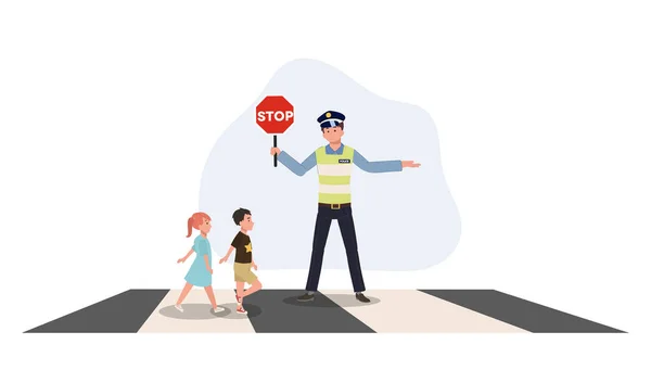Дорожная Полиция Держит Знак Стоп Дать Дорогу Маленьким Детям Идущим — стоковый вектор