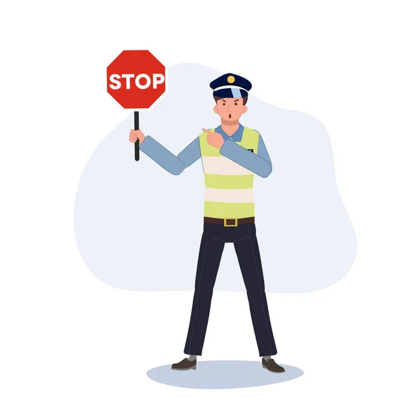Traffic Police Holding Stop Sign Emphasis Pointing Flat Vector Cartoon — Stock Vector