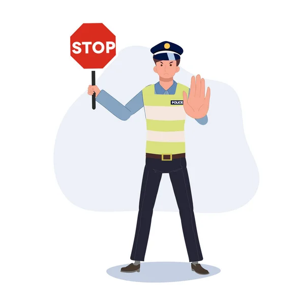 Дорожная Полиция Держит Знак Стоп Жестикулирует Рукой Плоский Векторный Рисунок — стоковый вектор