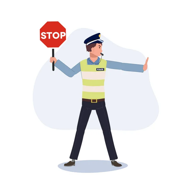 Traffic Police Holding Stop Sign Gesturing Hand Stop Whistling Flat — Stock Vector